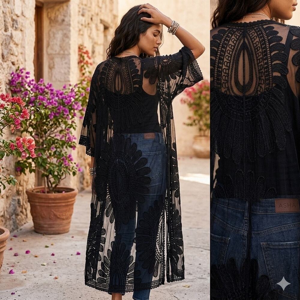 ASHA Black Lace Embroidered Kimono Duster One Size 100% Cotton Boho Beach Cover